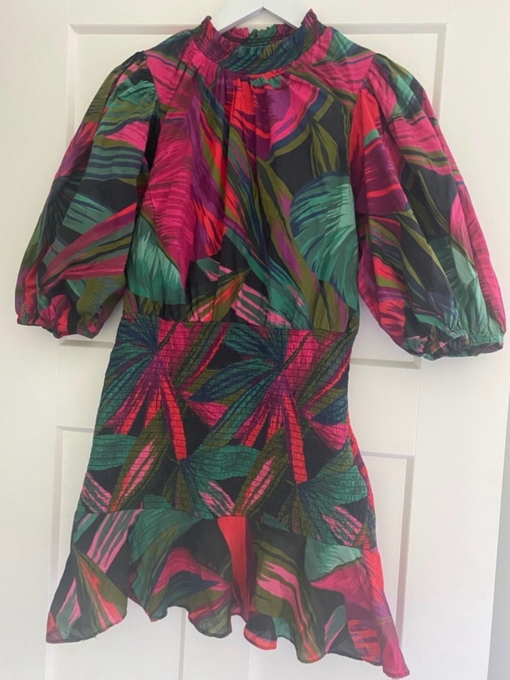 Anthropologie Farm Rio Floral Puff-Sleeve Mini Dress in Fuchsia and Green - Picture 2 of 3